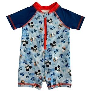 Disney Baby Blue Rash Guard Romper Swimsuit 0-3 Months Mickey Mouse Donald Duck